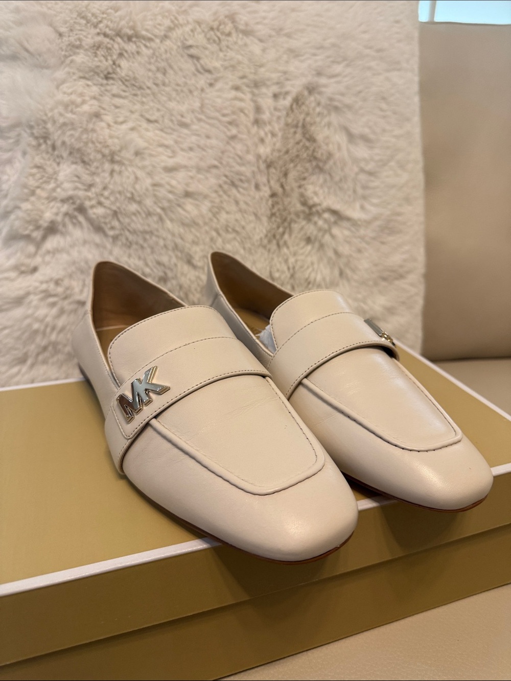 Michael Kors Cream Leather Slip-On Loafers with MK Hardware
